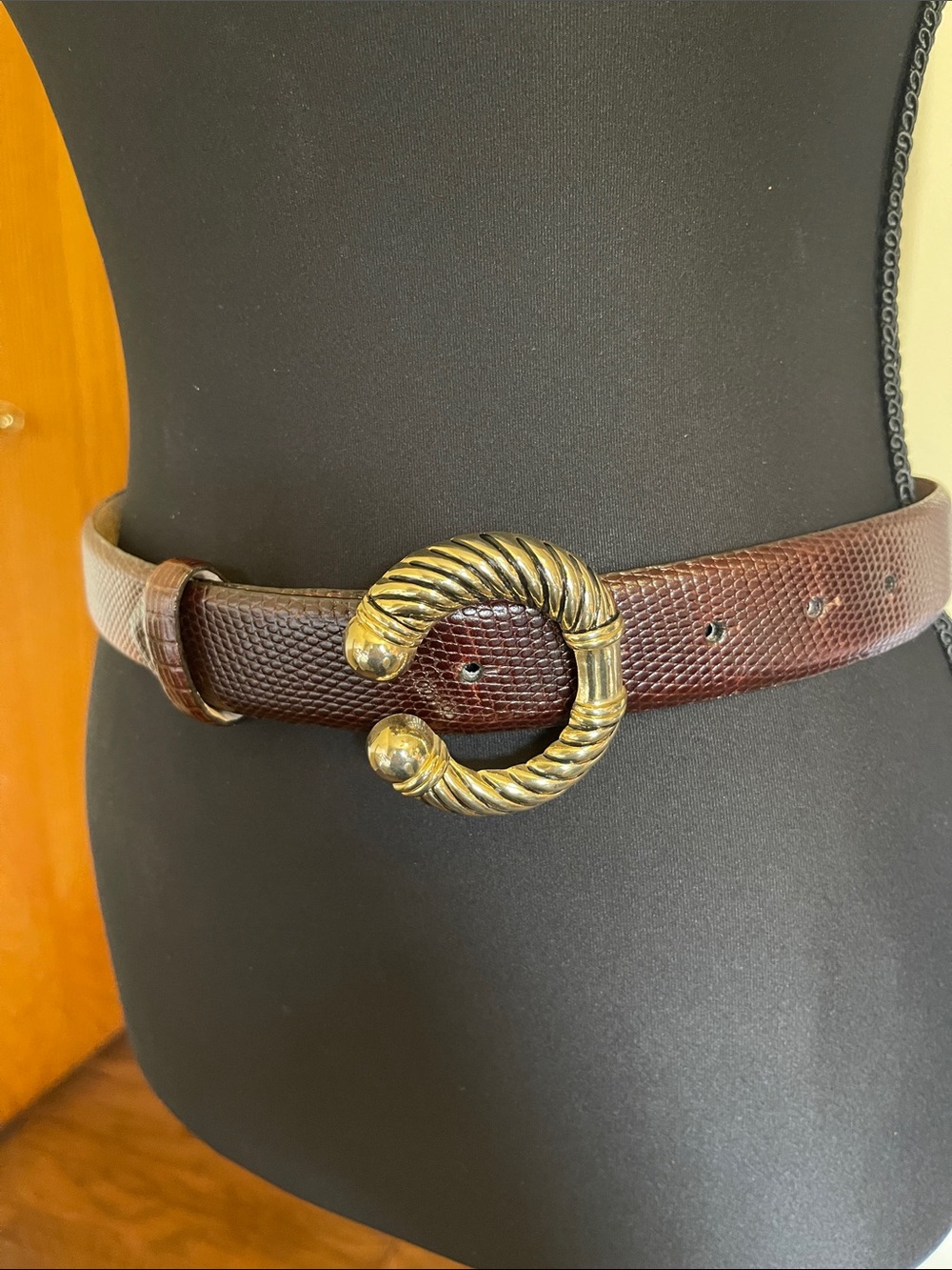 Classic Burgundy Leather Belt with Gold Rope-Style Buckle small
